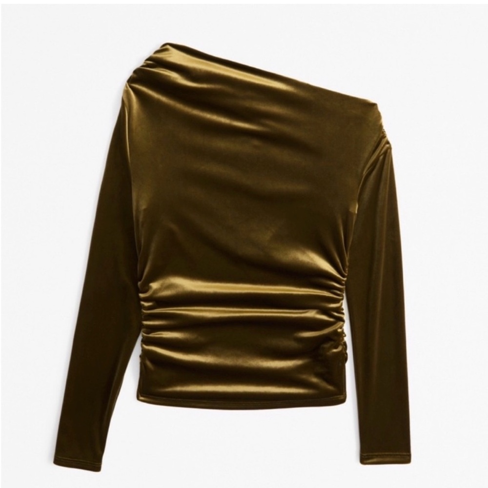 Abercrombie & Fitch Olive Green Gold Velvet One Shoulder Ruched Top